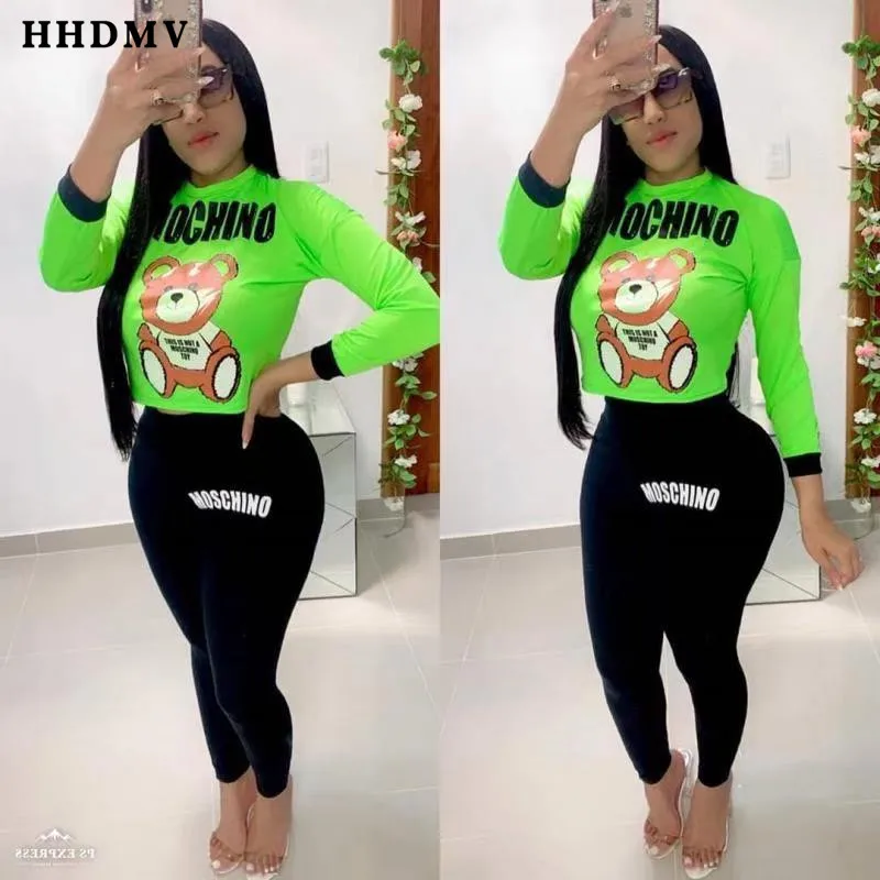 HHDMV/ г., eduction of age, топ с длинными рукавами и круглым вырезом, с героями мультфильмов, эластичные длинные штаны повседневные стильные комплекты из двух предметов с надписями - Цвет: Зеленый