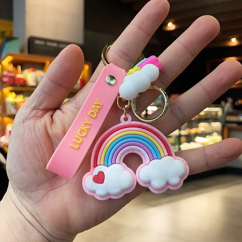 

Lovely Cute Rainbow Key Chain Leather Strap Braided Rope Silica Gel Keychain For Women Girl Bell Star Flower Bag Keyring Pendant