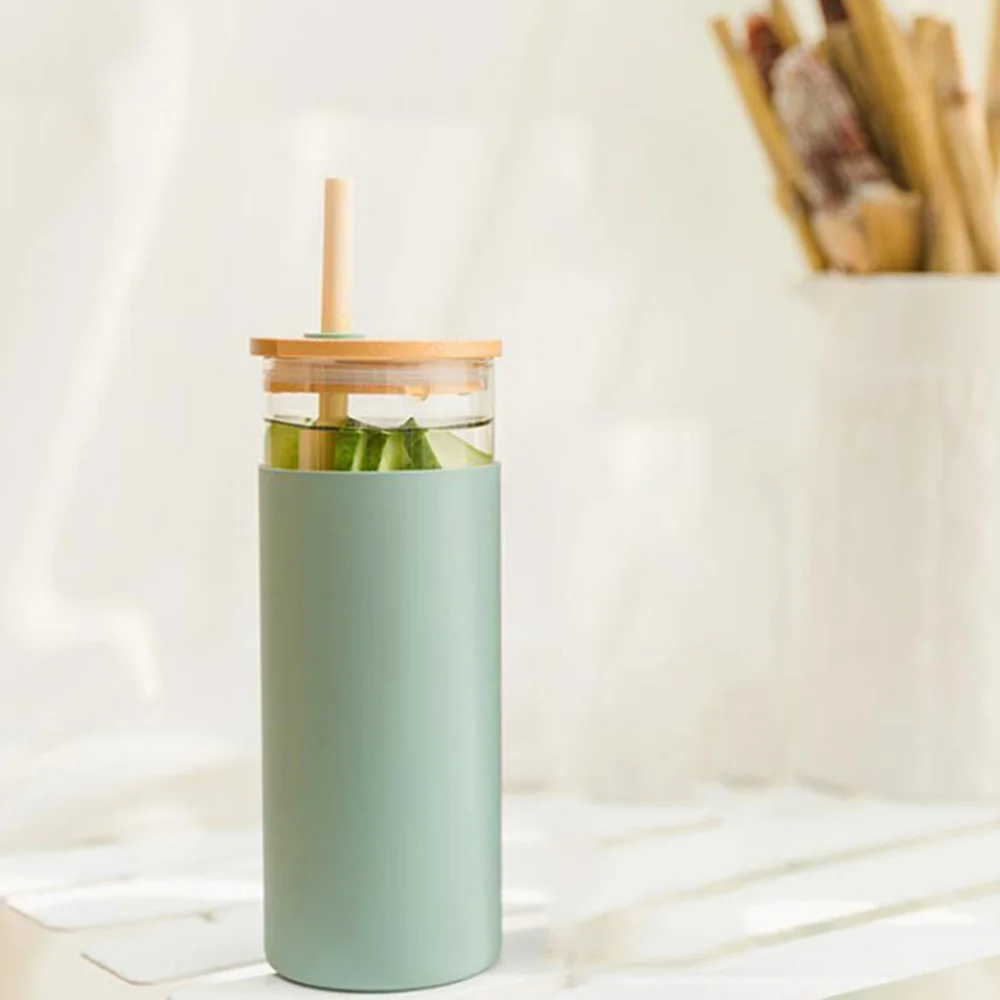 

1Pc Glass Straw Cup Water Drinking Cup Sippy Cup Cup With Wood Cap