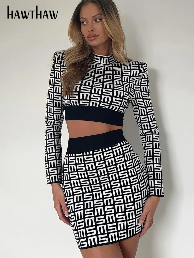 

Hawthaw Women Long Sleeve Letter Print Crop Tops Mini Skirt Two Piece Set Suit Outfit 2022 Spring Autumn Clothes Wholesale Items