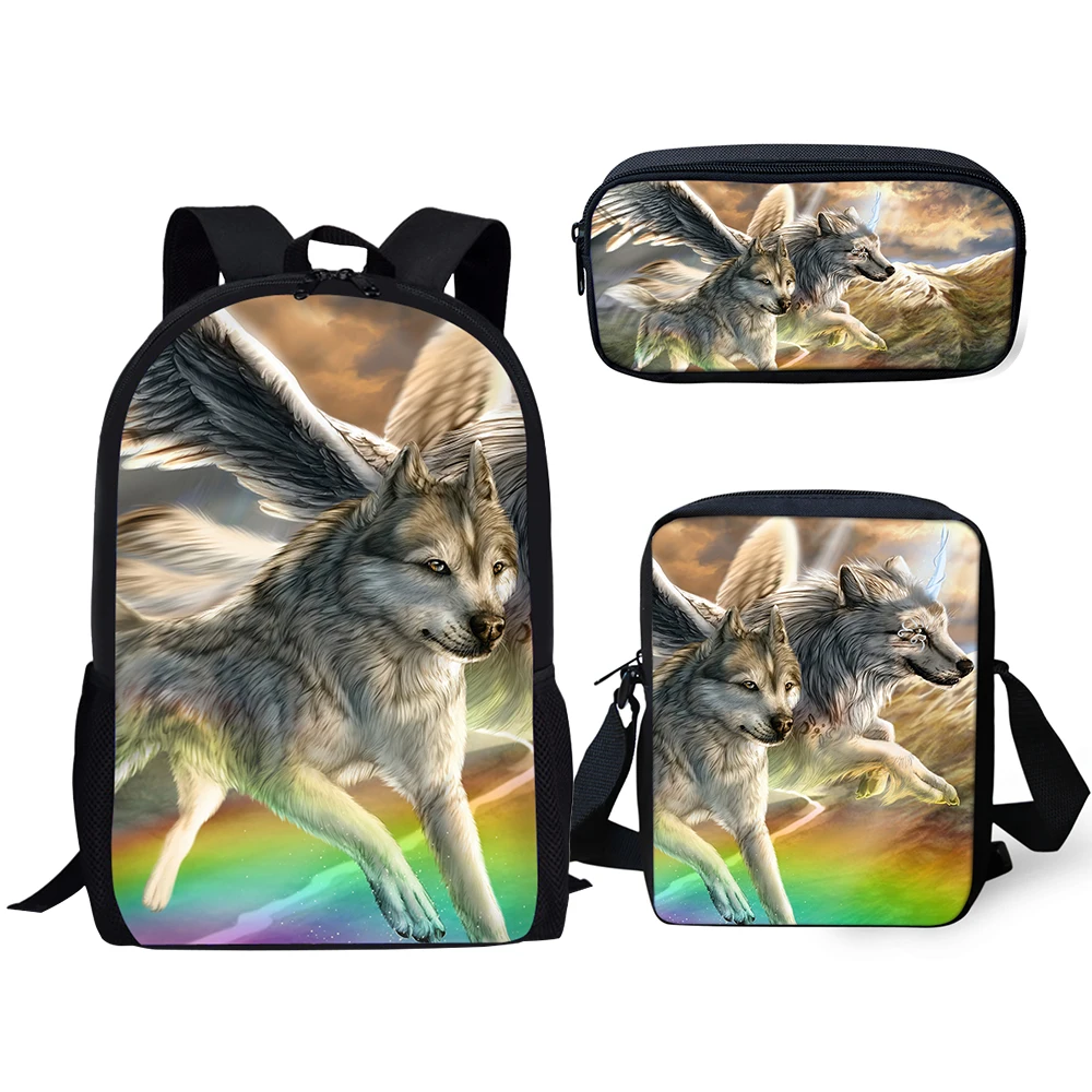 HaoYun Fashion Kids Backpack 3PC Set Fantasy Moon Wolf School Book Bag Kawaii Animal Students Backpack/Flaps Bags/Pen Bas