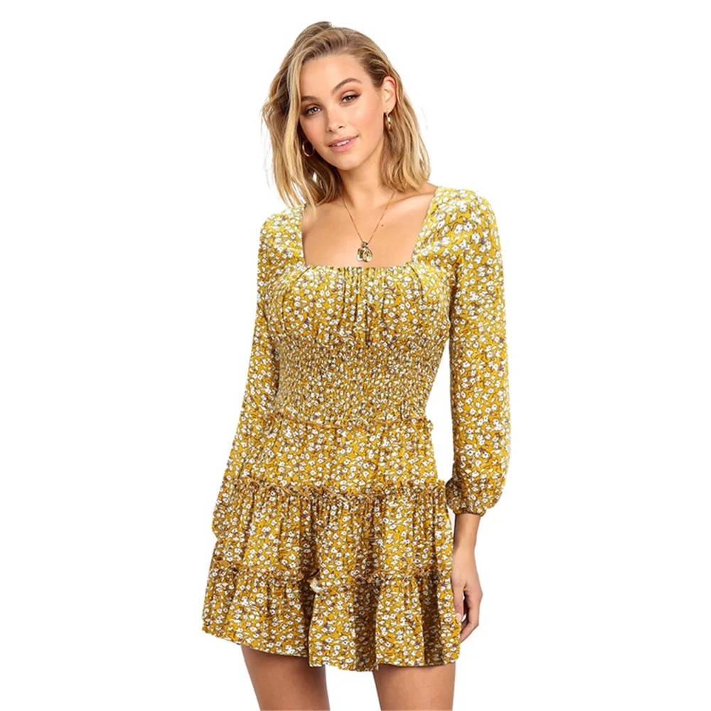 

Dress Autumn Vintage Print Full Sleeve Women Dress 2020 Sweet High Waist Square Collar Green Print Mini Dresses Slim Vestidos