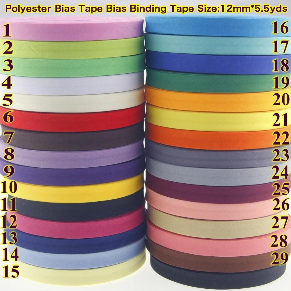 

29 Colors Polyester Bias Tape Bias Binding Tape,Bias Tape,Size:12mm, width:1/2 inch, 5.5yds DIY Sewing Folded Bias Tape