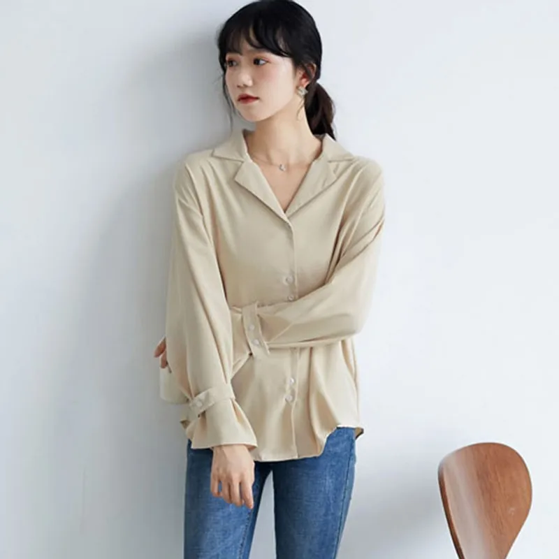

Women White Elegant Chiffon Shirts New Arrival 2021 Spring Korean Style Notched Neck Flare Sleeve Ladies Long Sleeve Tops W097