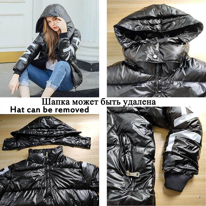 

Women's Down Cotton Jacket Winter Glossy Hooded Parka Outwear Down Padded Waterproof Coats Print Sleeve Female Parkas Mujer 2019