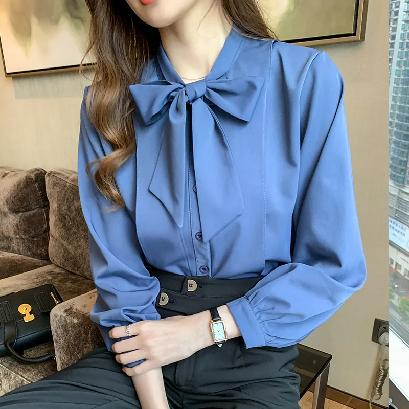 Vintage Elegant Women's Blouse Lantern Long Sleeve Blusas Bow Tie Women Shirt Autumn Single-breasted Chiffon Shirts Tops 10693 | Женская