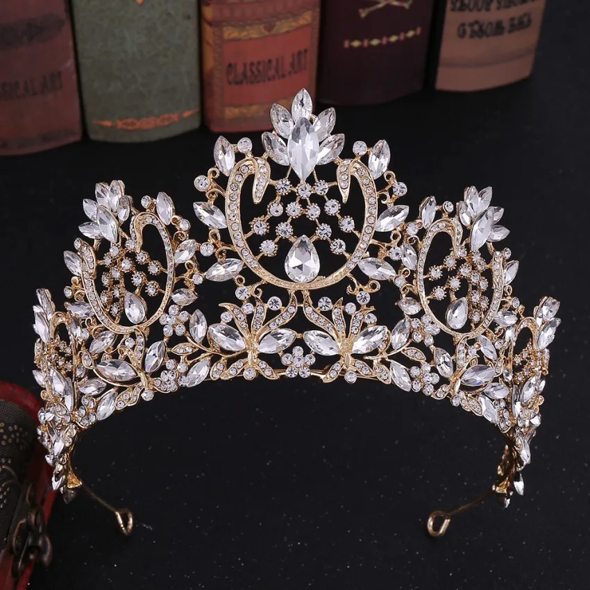Gold White Европейский барокко сверкающий кристалл большая свадебная тиара Корона Стразы диадема Couronne De Mariage свадебные аксессуары для волос - Окраска металла: Gold White