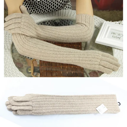 45 cm beige 45 см длинные шерстяные перчатки варежки для женщин теплые зимние вязаные модные перчатки черные коричневые серые женские локоть брендовые перчатки Новинка - Цвет: 45 cm beige