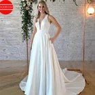 Женское атласное свадебное платье, ТРАПЕЦИЕВИДНОЕ ПЛАТЬЕ С V-образным вырезом и открытой спиной, платье с карманами, 2022