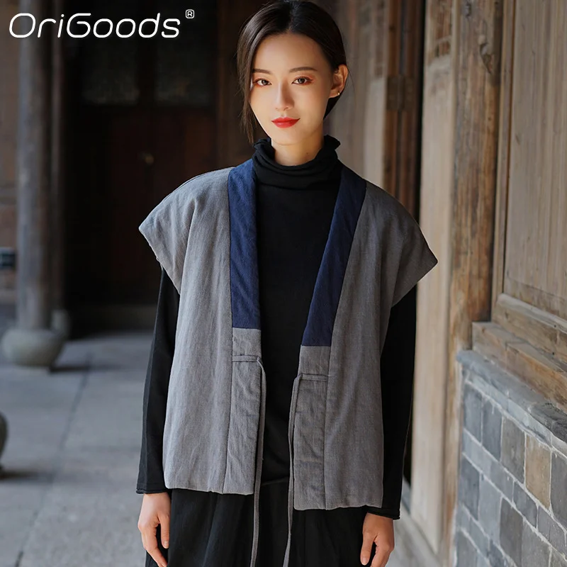 OriGoods Women Winter Vest Quilted Kimono Short Vest Coats Chinese style Vintage Kawaii Vest Original Design Vest Jacekts C310