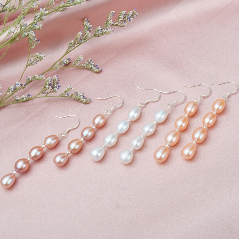 Женские длинные серьги капельки из серебра 925 пробы с натуральным пресноводным