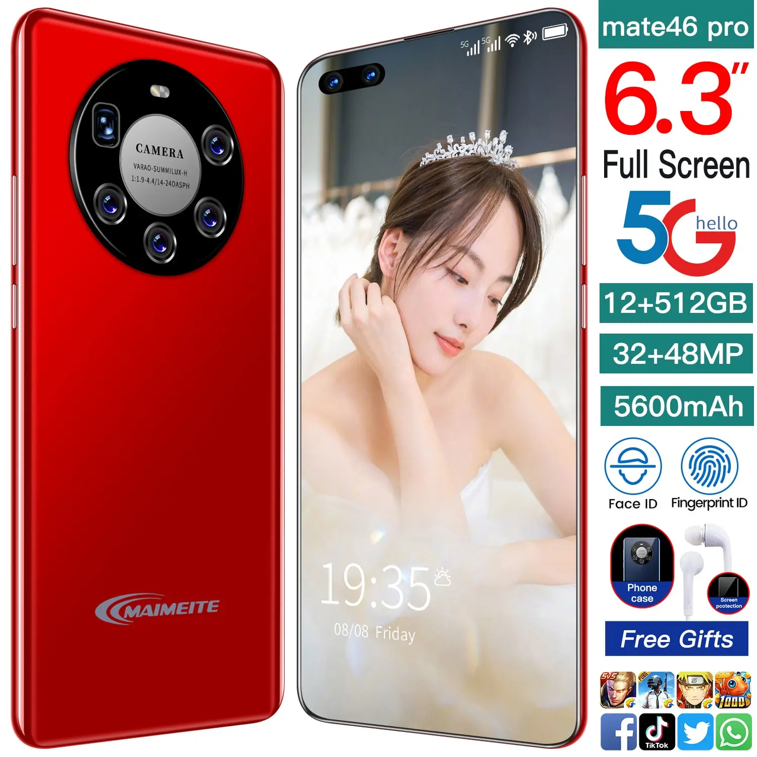 

HuaWe Mate46 Pro 5G LTE Smartphone 6.3 Inch Screen 10 Core Mobilephone 12+512GB 32+48MP Cellphone 5600mAh Face Fingerprint ID