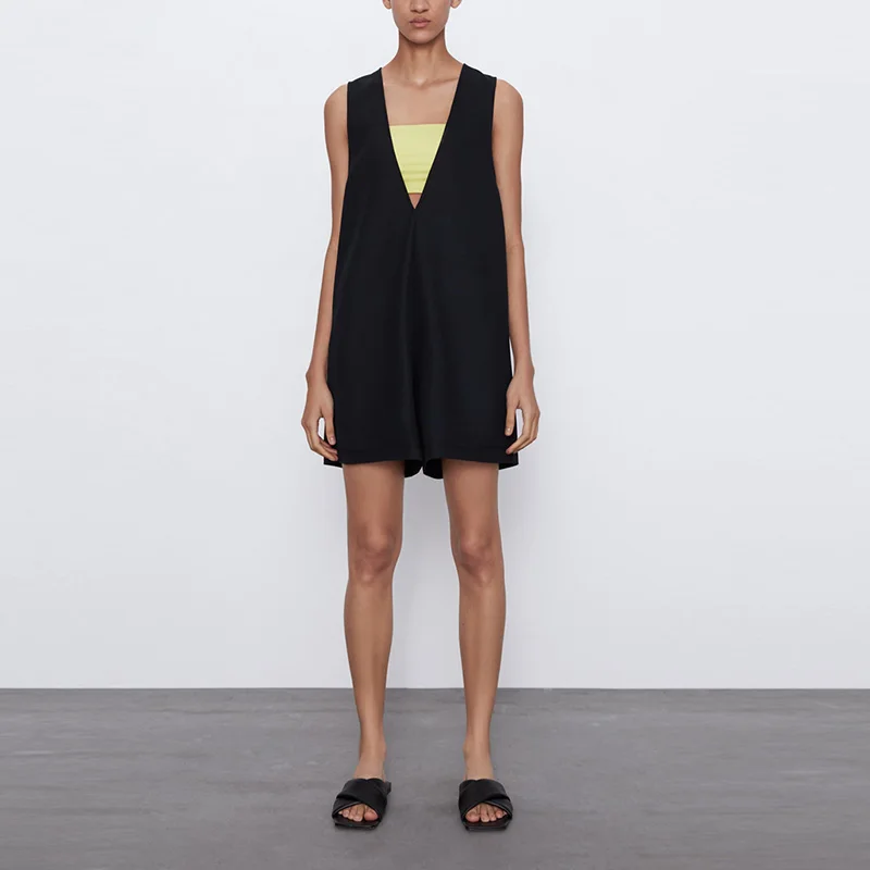 

Casual Sleeveless Deep V neck Playsuits Women Spring Summer Loose Black Wide Leg Shorts Junpsuits Overalls