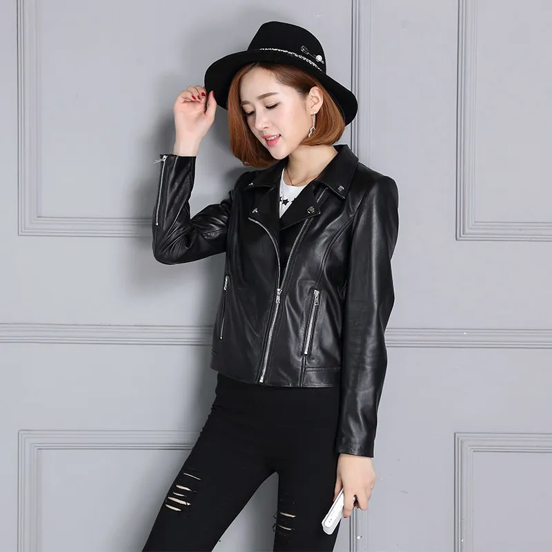 Sheepskin Coat Womens Genuine Leather Jacket Spring Autumn New Loose Short Long Sleeve Biker Moto Leather Jacket Outwear Black