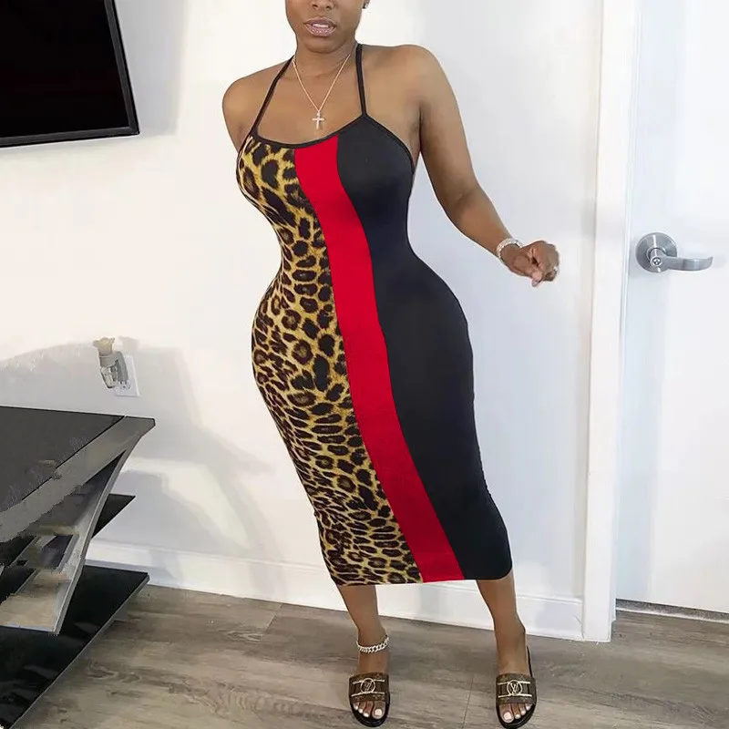 

Women Summer Leopard Print Patchwork Halter Neck Bodycon Midi Dress Night Club Party Bodycon Sleeveless Dresses Vestidos