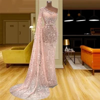 elegant pink mermaid evening dress with wrap lace prom gowns one shoulder sequin bridal second reception dress customise