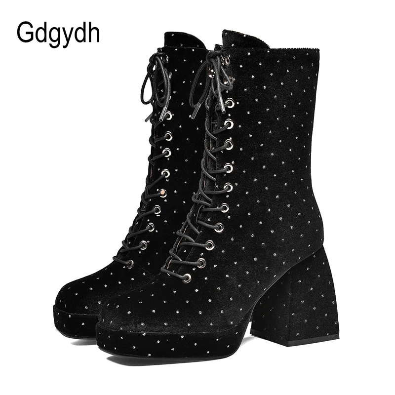 

Gdgydh/пикантная обувь для вечеринок для женщин; Сапоги на высокой платформе в стиле панк; Готическая шнуровка; Не сужающийся книзу массивный к...