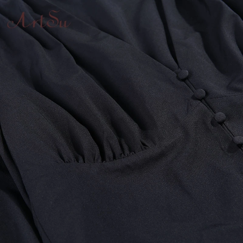

Artsu Lantern Sleeve Blouses Woman Sexy Deep V-Neck Black Button Long Sleeve Slim Waist New Elegant Lady Shirt Top ASBL60891