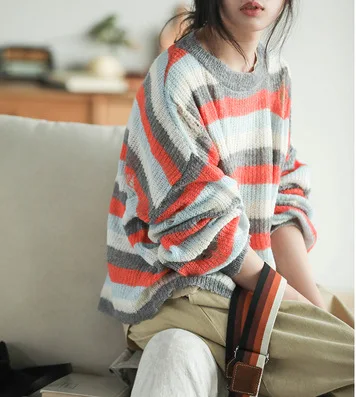 Autumn Sweater Women Fashion Large Size Knitting Loose Pullovers 2019 New Female Tops O-Neck Long-sleeved Striped Hole | Женская одежда