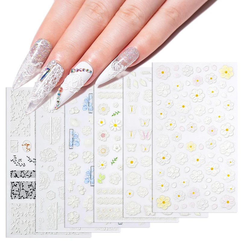 1 лист белый тисненый цветок кружева 5D наклейка свадебный дизайн ногтей