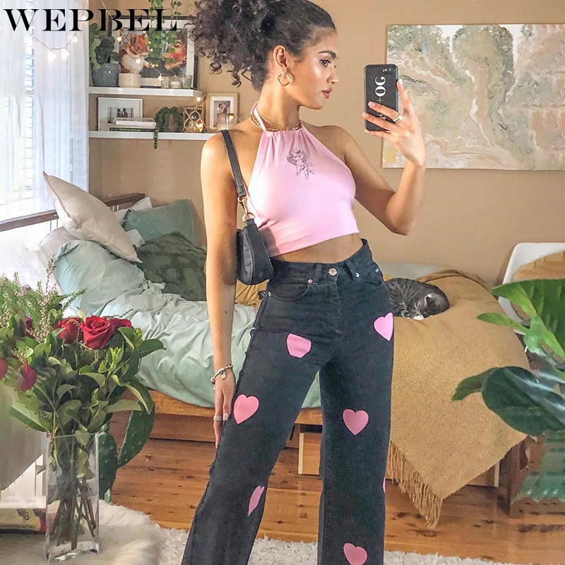 

WEPBEL Heart Printed Straight Denim Pants Women Casual High Waist Denim Long Trousers Ladies Streetwear Fashion Jeans