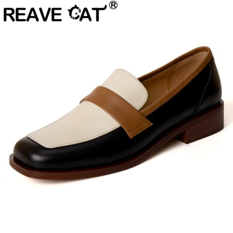 

Женские кожаные туфли-лодочки REAVE CAT, весенние повседневные туфли больших размеров 34-40 с круглым носком и блочным каблуком, черные и коричнев...