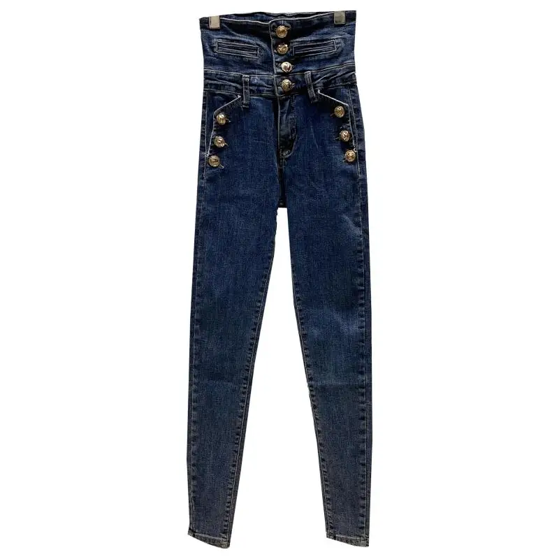 

2021 Spring New Retro Metal Buckle High Waist Stretch Slim Pencil Jeans Female Stretchy Denim Jeans Long Pants for Women XL