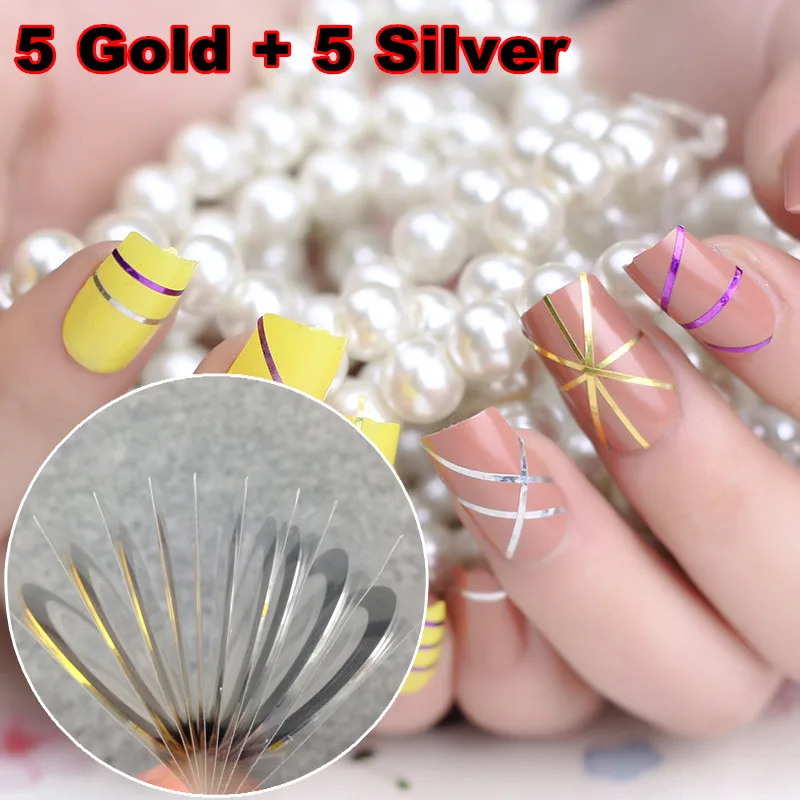 

5pcs Gold Color + 5pcs Silver Color Striping Tape Metallic Yarn Line Nail Art Decoration Sticker