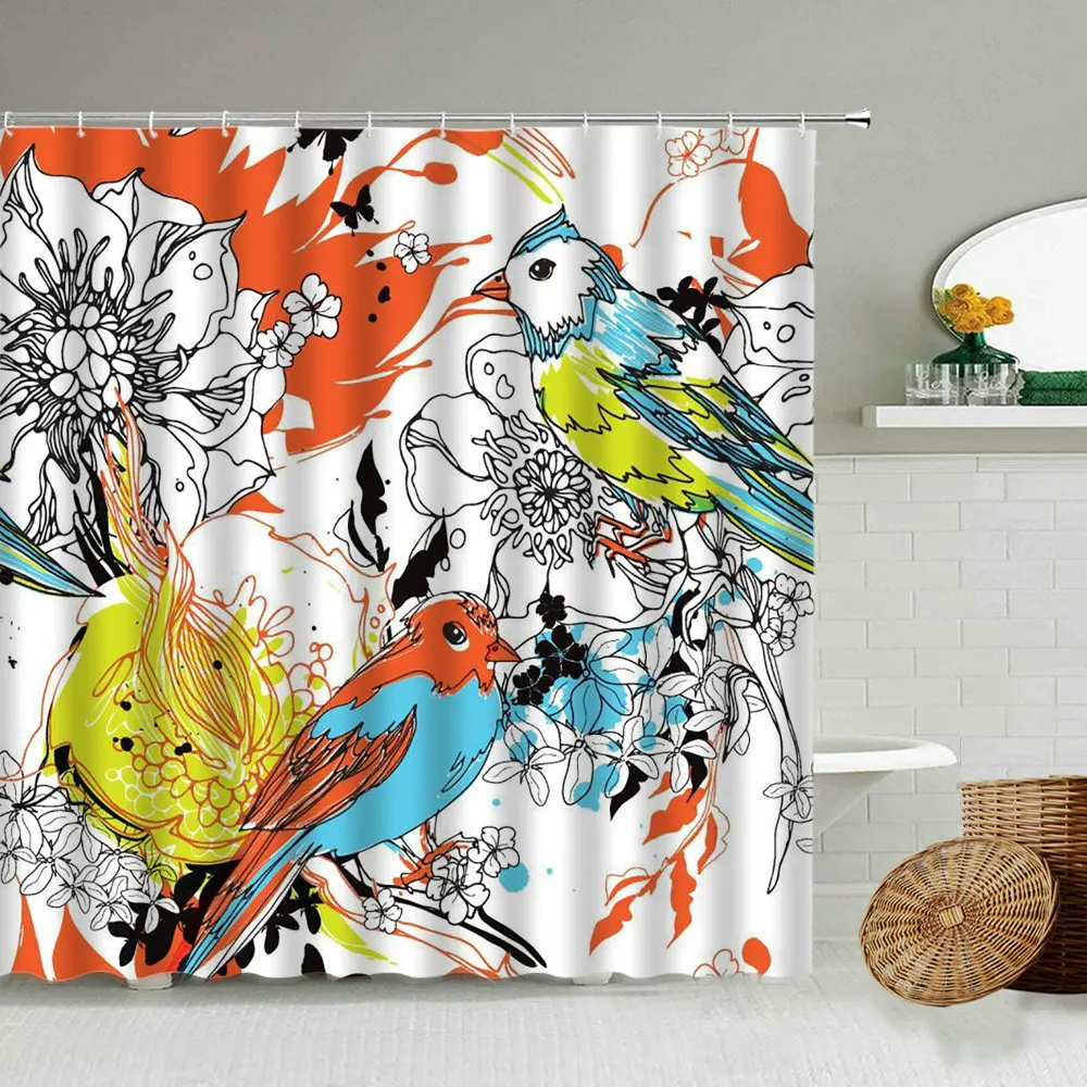 Занавеска для душа в американском стиле ретро с цветочным и птичьим узором