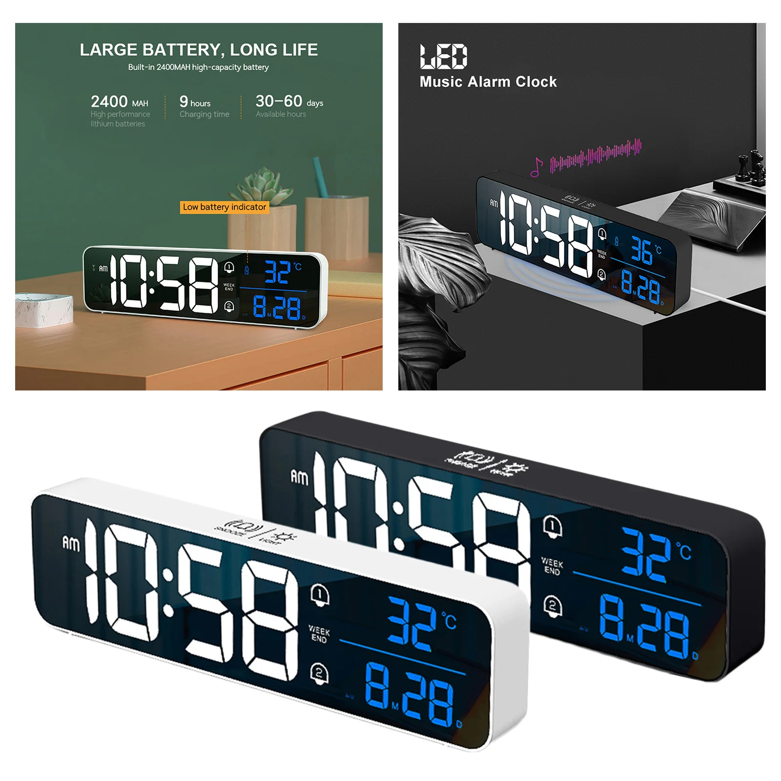 

Mirror Music Digital Clock Large LED with Temperature Date Calendar 2 Alarms 4 Volume