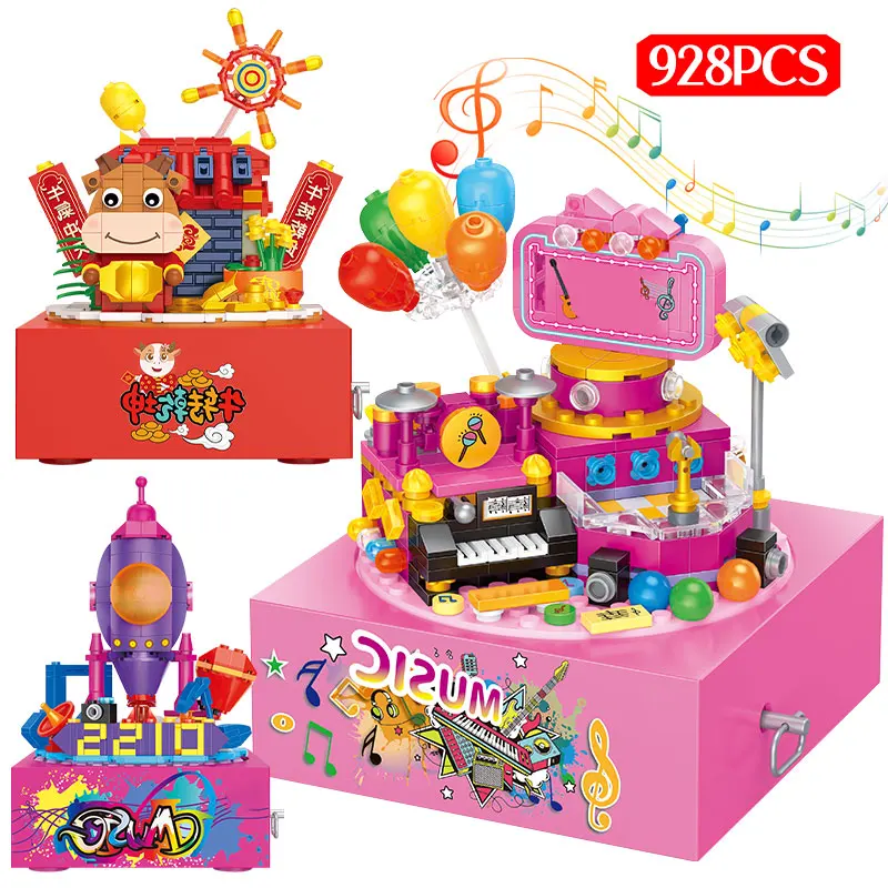

928pcs 3 IN 1City Technica Cow Rotation Music Box Building Blocks Street View Friends Spin Sound Bricks Educational Toy For Kids