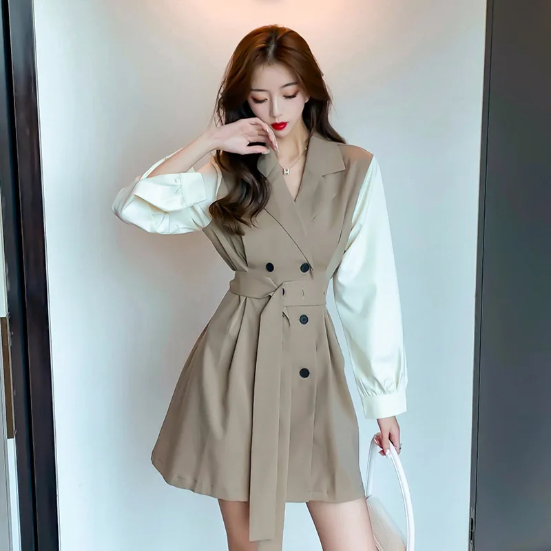 

Korean Dresses Women Casual Mini Spring Autumn Streetwear Fashion Clothing 2021 Long Sleeve Belt Suit Sweet Coat Skirt Design
