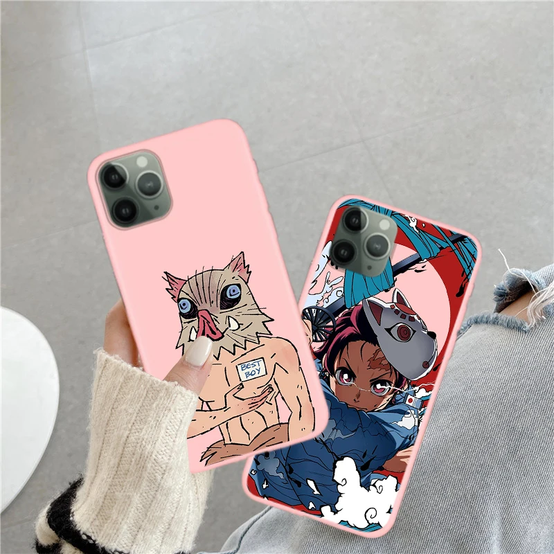 

Cartoon Anime Demon Slayer Phone Case For iPhone 12 XS MAX 7 XR 11 Pro SE20 X 8 6 Plus Tanjiro Kamado Pink Soft TPU Cover Fundas