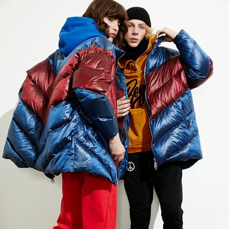 blue with red Зимние блестящие пуховые пальто, большие размеры 7XL, толстые непромокаемые парки, Повседневная Яркая блестящая куртка-пуховик - Цвет: blue with red