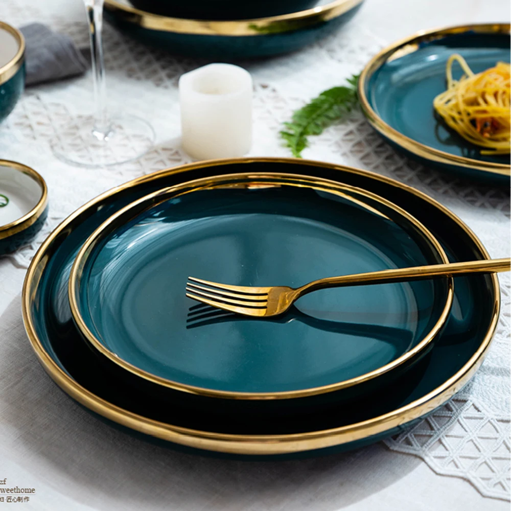 MDZF SWEETHOME 10inch Nordic Gold Border Serving Plate Steak Western Food Large Pasta Dinner Salad Dessert Tableware | Дом и сад