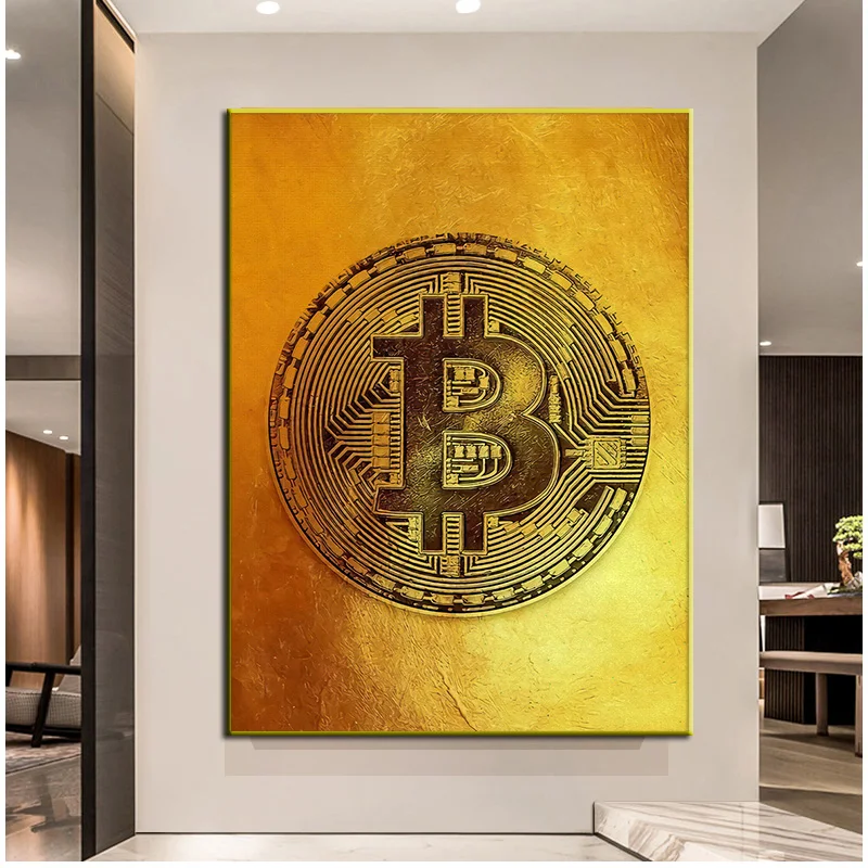 

Golden Bitcoin Paintings Canvas Art Poster And Prints Nordic Cuadro Modern Oil Painting Living Room Home Decoration Wall Picture