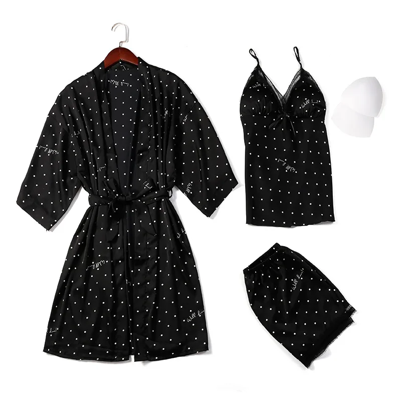 

Summer Polka Dots 3PCS Pajama Set Women Sexy Lingerie Pijama Mujer Satin Silk Nightwear Sleepwear пижама женская Nightgown