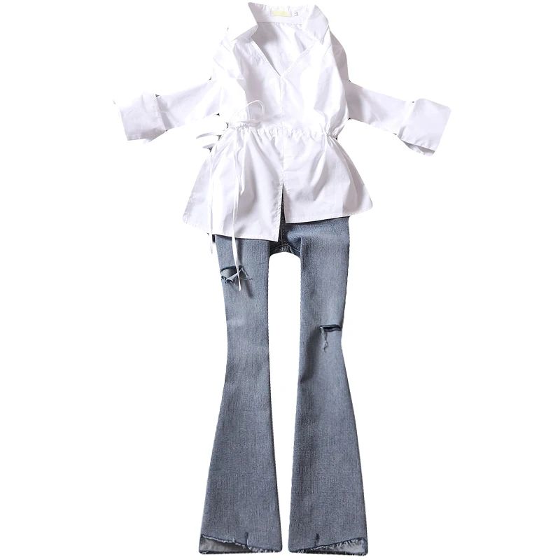 

2020 summer new women sets white flare sleeved irregular white shirts and flare solid hole jeans lady elegant jeans suits