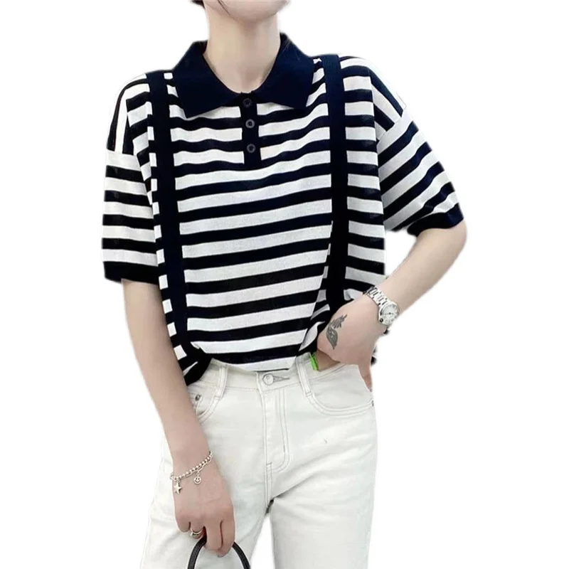 

2021 Hot Sale Sale 20531 (4 3 Ranked No. 1) Not Make Web Celebrity Figure Square Collar Stripe Short-sleeved Sweater [2000] 33