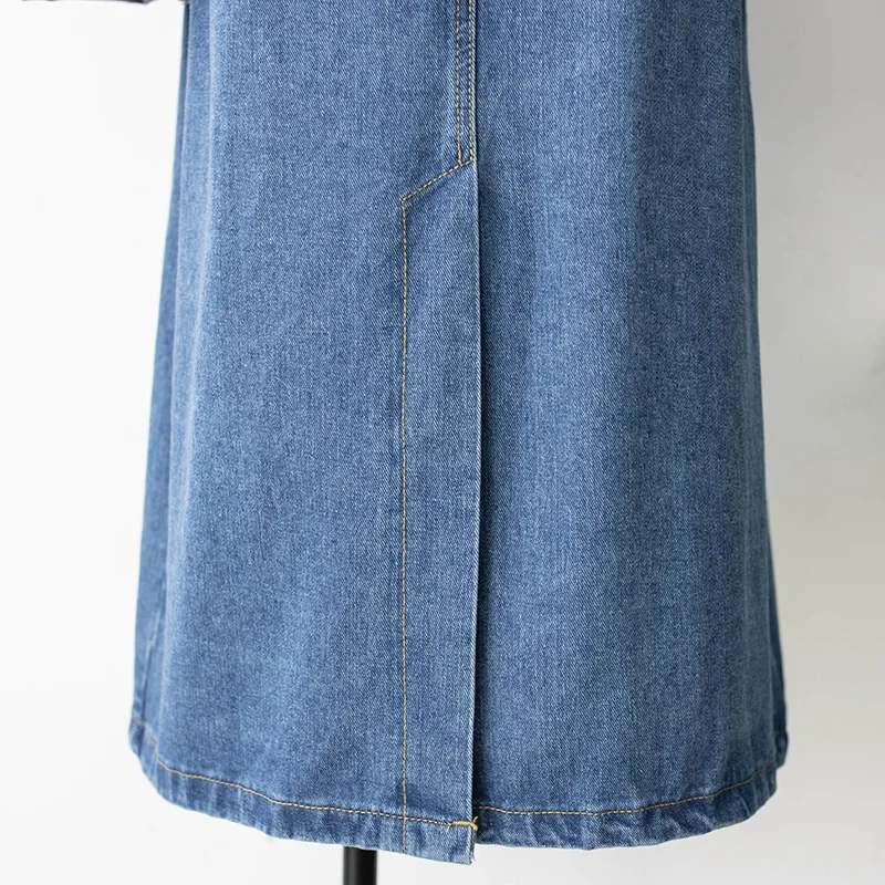 

2021 autumn women long double breasted belt denim trench vintage retro female elegant lapel jean trench outerwear coats A358