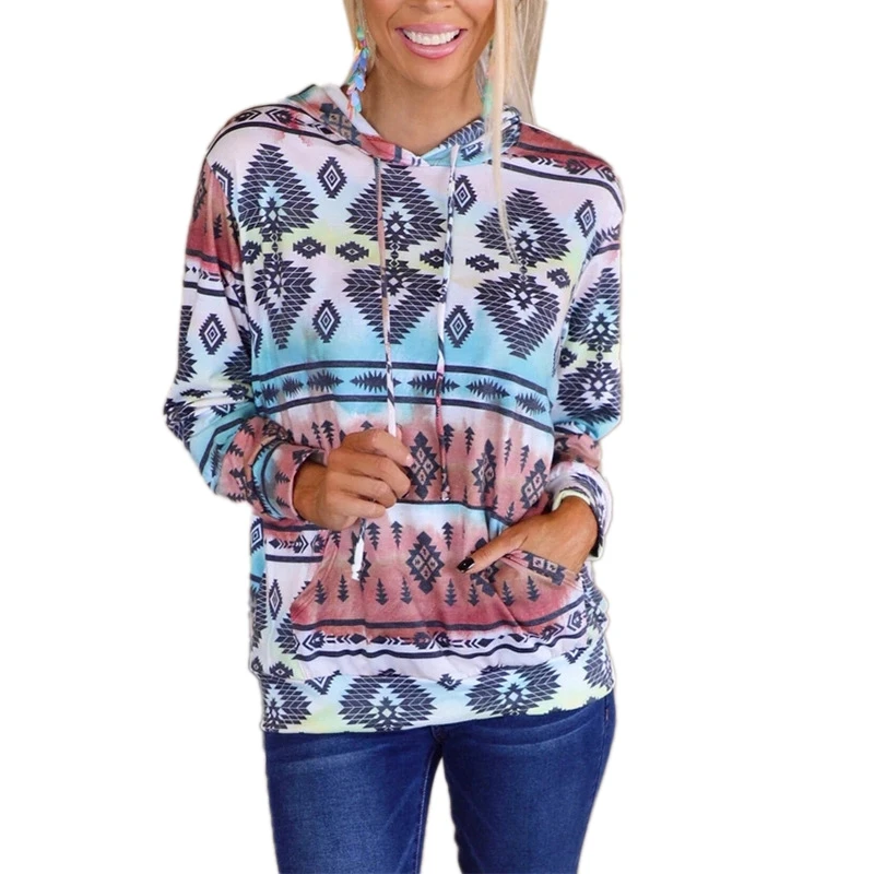 

Kili Women's Fashion Printed Long Sleeve Hooded Casual Loose Sweater Colorful