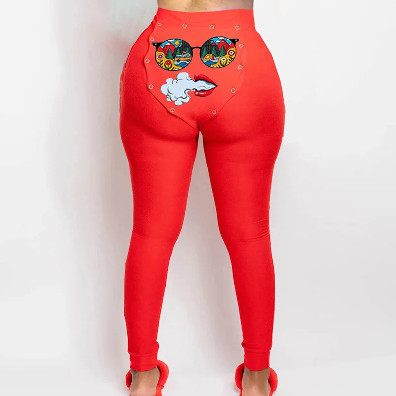 

High Waist Funny Printing Bodycon Fitness Sports Trousers Hip Lift Leggings Lady Leisure Fashion Long Pants Black&Red Streetwear