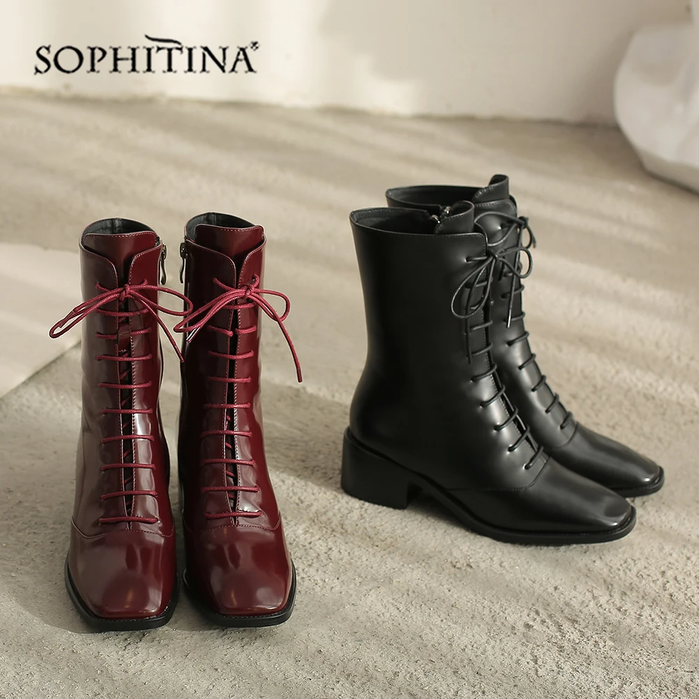 SOPHITINA/удобные ботинки с квадратным носком; модная женская обувь из высококачественной лакированной кожи на квадратном каблуке; ботинки на шнуровке; SO254
