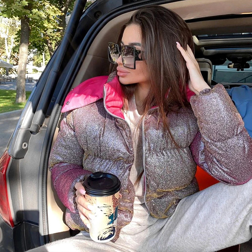 

Diiwii Women Thick Glitter Sequins Fashion Parka Winter Elegant Warm Puffer Jacket Ourwear Glowing Quilted Coats Female