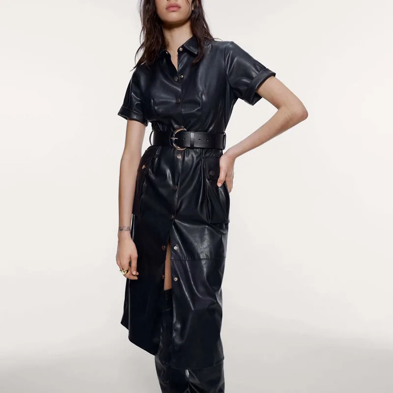 

Women Vintage Pu Leather Dress Casual Pockets Belt Button Turn-Down Collar Long Sleeve Long Dress Solid Office Lady Streetwear
