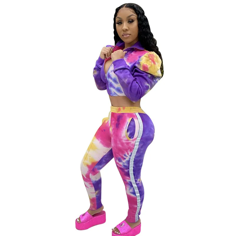 

2020 new European and American sports suit printed tie-dye gradient long-sleeved puff sleeve suit