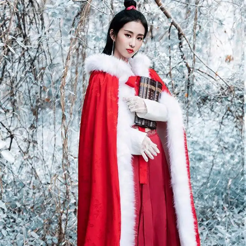 Традиционная накидка Hanfu для женщин Древний китайский пушистый меховой воротник