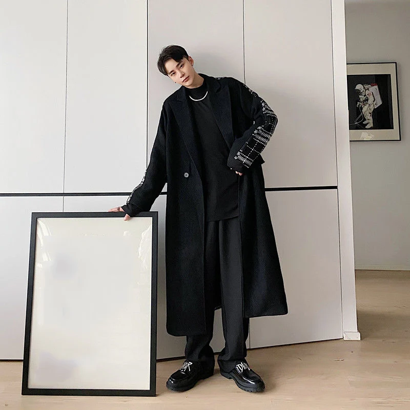 

IEFB Fashion Trend Plaid Patchwork Vintage Loose Woolen Coat British Style Medium Long Coat 2020 Autumn Winter New Clothes 4832