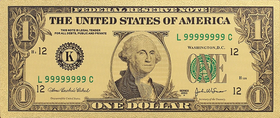 One Dollar Banknote in 24k Gold Wholesale Money With Plastic Frame For Christmas Card Paper Gifts Pack of 2pcs |
