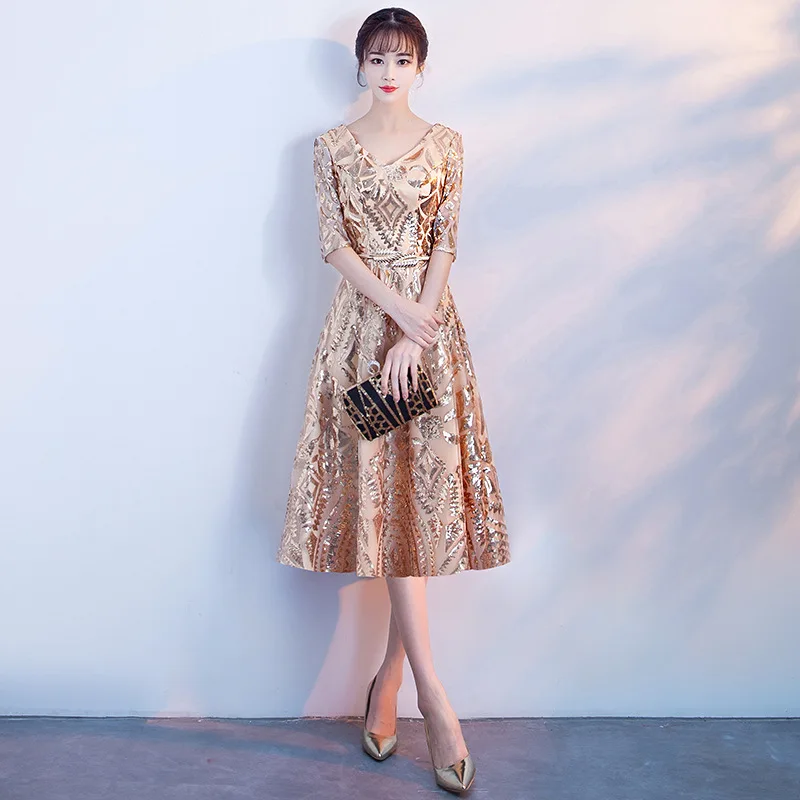 

Women's long evening dress plus size O neck HALF sleeve SEQUINED formal prom event dress RED sexy cocktail wedding party dress